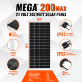 MEGA 200 MAX | 200 Watt 24 Volt Solar Panel | Premium 24V Off-Grid Solar Panel for RVs, Trailers, Cabins | 25-Year Output Warranty | UL Certified